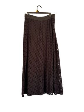Chico’s Eyelet Skirt Womens 1 Black Flared Embroidered Maxi Elastic Waist Boho